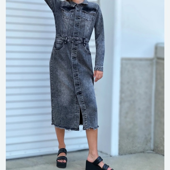Wash Lab Denim Midi Dress Model Off Duty Clean Grunge Minimal Street Chic L - Picture 2 of 7